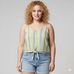 Bella Dahl Carrie Tie Front Crop Tank Women Large Yellow Stripe Linen Blend‎